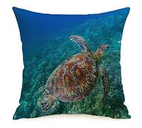Taie d'oreiller taie d'oreiller Bleu Tortue Aquatique Rivage Tropical Animaux sous-Marins Faune Nature coloré Beau Corail Confortable Lin carré décoratif Housses de Coussin pour canapé lit 18x18 pou