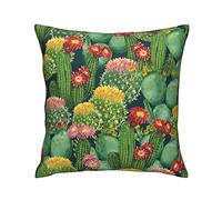 Taie d'oreiller Watercolor Green Cactus with Pink Red Flowers Nature Art Painting Taie Coussin Respirant Housses De Coussin pour Chambre Maison Extérieur Jardin 45X45 CM