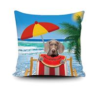 Taie d'oreiller Weimaraner Dog Eating Watermelon by The Sea Happy Summer Beach Palm Tree Protege Oreiller Résistant Housse Oreiller Respirant Housse De Coussin pour Bureau Chambre Jardin 45X45CM