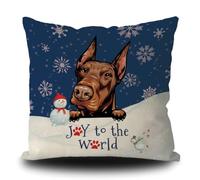 Taie d'oreiller Winter Christmas Doberman Dog Blue Snowflake Joy to The World for Winter Protege Oreiller Résistant Housse Oreiller Respirant Housse De Coussin pour Bureau Jardin Chambre 45X45CM