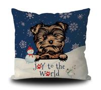 Taie d'oreiller Winter Christmas Yorkie Dog Blue Snowflake Joy to The World for Winter Housse Oreiller Résistant Protege Oreiller Respirant Housse De Coussin pour Bureau Chambre Salon 45X45CM