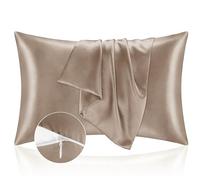 Taie Oreille 50x70 en Satin, Housse Oreiller Satinées Protège Peau et Cheveux - Ultra Douce et Hypoallergénique - Lot de 2 Taies d'oreiller avec Fermeture Éclair Café