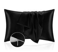 Taie Oreille 50x70 en Satin, Housse Oreiller Satinées Protège Peau et Cheveux - Ultra Douce et Hypoallergénique - Lot de 2 Taies d'oreiller avec Fermeture Éclair Noir
