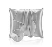 Taie Oreille 65x65 en Satin, Housse Oreiller Satinées Protège Peau et Cheveux - Ultra Douce et Hypoallergénique - Lot de 2 Taies d'oreiller avec Fermeture Éclair Argent
