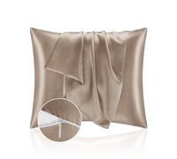 Taie Oreille 65x65 en Satin, Housse Oreiller Satinées Protège Peau et Cheveux - Ultra Douce et Hypoallergénique - Lot de 2 Taies d'oreiller avec Fermeture Éclair Café