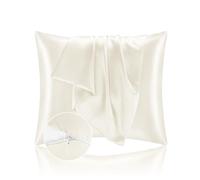 Taie Oreille 65x65 en Satin, Housse Oreiller Satinées Protège Peau et Cheveux - Ultra Douce et Hypoallergénique - Lot de 2 Taies d'oreiller avec Fermeture Éclair Beige