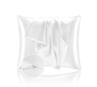 Taie Oreille 65x65 en Satin, Housse Oreiller Satinées Protège Peau et Cheveux - Ultra Douce et Hypoallergénique - Lot de 2 Taies d'oreiller avec Fermeture Éclair Blanc