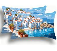 Taie Oreiller 30x60 Lot de 2 Lin de Coton Protege Oreiller, Coussin Exterieur Impermeable avec Fermeture Éclair Invisible, Confortable Housse de Coussin Jardin Pillow Front De Mer La Ville W0VJ-33