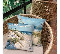Taie Oreiller 35x35 Lot de 2, Plage De Mer Blanc Housse de Coussin Exterieur Impermeable pour Salon de Jardin, Taie D'oreiller Lin avec Fermeture Éclair Invisible, Maison Salon Canapé Décoration D-115