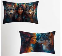 Taie Oreiller 40x60 Lot de 2, Indiens Housse Coussin 40x60cm avec Fermeture Éclair Invisible, Loup Imperméable Lin Housse de Coussin Rectangulaire, Taie d'oreiller pour Canape Maison Decor 5-5689