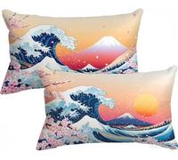 Taie Oreiller 40x60 Lot de 2, Japon Housse Coussin Flots Double Face Impression, Impermeable Lin Taie d'oreiller avec Fermeture Eclair Caché pour Decoration Exterieur Jardin, Cadeau Femme, Model202