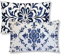 Taie Oreiller 40x80 Lot de 2 Housse Coussin en Velours Bleu Marine Rectangulaire Coussin de Canape Fleurs Taie d'oreiller Avec Fermeture à Glissière Invisible pour Decoration Maison Canapé S1-466
