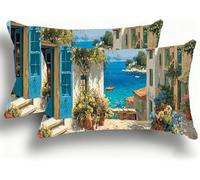 Taie Oreiller 40x80 Lot de 2 Lin de Coton Protege Oreiller, Coussin Exterieur Impermeable avec Fermeture Éclair Invisible, Confortable Housse de Coussin Jardin Pillow Front De Mer La Ville W0VJ-38