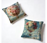 Taie Oreiller 50 x 50 Lot de 2 MontgolfièRe Coussin Exterieur 50x50 cm Coussin Decoratif Fleur Housse De Canapé Lin avec Fermeture éclair Invisible pour Decoration Maison, Printemps et été C-LOL765