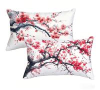 Taie Oreiller 50 x 90 cm Lot de 2, Rouge Housse de Coussin Rectangulaire avec Fermeture Éclair Invisible, Impermeable Lin Housse Coussin, Fleur Pillow Case pour Canapé, Chambre, Salon, Jardin T0-477