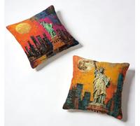Taie Oreiller 55 x 55 Lot de 2 New York Coussin Exterieur 55x55 cm Coussin Decoratif Ville Housse De Canapé Lin Avec Fermeture éclair Invisible pour Jardin Decoration Maison, Printemps et été J-NFK550