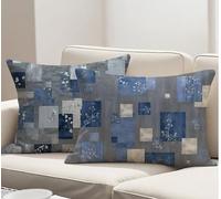 Taie Oreiller 70x90 cm Lot de 2 Bleu Housse de Coussin Rectangulaire 70 x 90 cm Coussin Exterieur Impermeable, Géométrie Motif Lin Décoratif Canapé Taie Oreiller pour Salon Decoration Maison R-2049