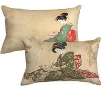 Taie Oreiller 70x90 Lot de 2, Japon Housse Coussin Femme Double Face Impression, Impermeable Lin Taie d'oreiller avec Fermeture Eclair Caché pour Decoration Exterieur Jardin, Cadeau Femme, Model402