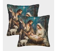Taies d'oreiller élégantes en polyester, motif Nativité avec l'Enfant Jésus, lot de 2. Taies d'oreiller douces et confortables pour les cheveux. Taie d'oreiller de luxe en polyester 50 x 50 cm.