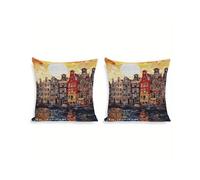 Taies d'oreiller en lin avec vue sur le canal d'Amsterdam, lot de 2, 18 x 18 pouces