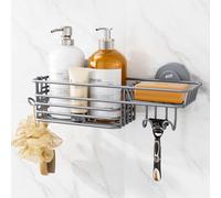 TAILI Étagère de douche à ventouse avec crochets et porte-savon, organiseur de douche robuste, sans perçage, étagère de douche pour l'intérieur de la salle de bain, panier de rangement en métal noir