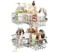 TAILI Étagère de Douche d'angle à Ventouse en Acier Inoxydable avec Crochets et Porte-Savon, étagère de Douche à Suspendre, Accessoires de Salle de Bain, sans perçage, pour intérieure