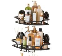 TAILI Lot de 2 étagères d'angle de douche à ventouse sans perçage avec crochets - Panier mural amovible en acier inoxydable - Noir