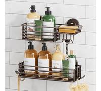TAILI Lot de 2 paniers de douche à ventouse avec crochets et porte-savon, organiseur de douche robuste pour salle de bain, sans perçage, panier de rangement en métal avec grande capacité, marron