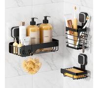 TAILI Lot de 3 étagères de douche à ventouse en acier inoxydable avec porte-savon, panier mural sans perçage, organiseurs de salle de bain amovibles et décoration d'intérieur, noir