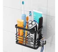 TAILI Porte Brosse à Dents à Ventouse, Multi-emplacements, Métallique, Noir | sans perçage, 1s install, 3 slots anti-enchevêtrement, crochets rasoirs, réutilisable pour locations, carrelage/verre/métal