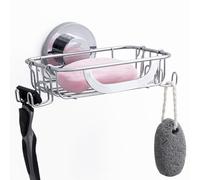 TAILI Porte Savon à Ventouse avec Crochets, Support de Savon pour Mur de Douche, Porte éponge pour Salle de Bain, Acier Inoxydable pour Baignoire, Cuisine, sans Perçage, Argenté