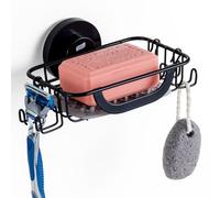 TAILI Porte Savon Ventouse avec Crochets Et Tampon De Silicone pour Mur De Douche, Bac À Shampoing Salle De Bain, Baignoire, Cuisine, Porte Éponge en Acier Inoxydable Résistant À Rouille, Noir