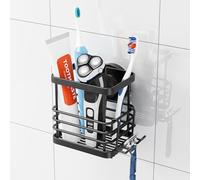 TAILI Support Brosse a Dent Murale, Ventouse sans perçage, Noir Métallique | 1s install, 5 kg, acier inoxydable avec drain, crochets pour rasoir, réutilisable pour locations, pour carrelage/verre/miroir
