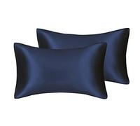 Taille de King Housse de Coussin en Soie Doux Couleur Unie Paquet de 2 King Complet Queen Sheer Emulation Satin Satin Soie Coussin d'oreiller Confortable pour lit de lit Taie d'oreiller-Bleu Marin_Qu