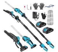 Taille Haie et Tronçonneuse Télescopique, Électrique Taille Haie Batterie | 6" sans Fil avec Perche, 4 Chaînes 2 Batteries 4,0 mAh, Angle 90° et 135° Réglable, Idéal Jardin Verger Élagage/Taille Haie