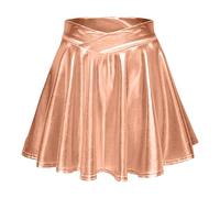 , taille haute plissée, couleur unie, jupe courte, jupe ample, jupe patineuse métallique, scintillante, brillante, évasée, plissée, trapèze, mini jupe, Or rose, S