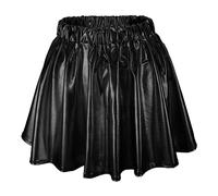 Taille haute, plissée, couleur unie, jupe courte, jupe ample, jupe patineuse métallique, scintillante, brillante, évasée, plissée, ligne A, mini jupe-short, Noir , L