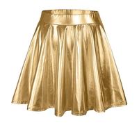 , taille haute plissée, couleur unie, jupe courte, jupe ample, jupe patineuse métallique, scintillante, brillante, évasée, plissée, trapèze, mini jupe, or, S