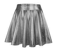 , taille haute plissée, couleur unie, jupe courte, jupe ample, jupe patineuse métallique, scintillante, brillante, évasée, plissée, trapèze, mini jupe, gris, L