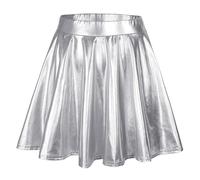 , taille haute plissée, couleur unie, jupe courte, jupe ample, jupe patineuse métallique, scintillante, brillante, évasée, plissée, trapèze, mini jupe, argenté, XL