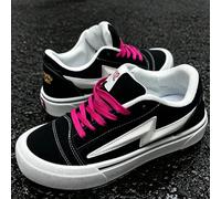 (Taille petit) Chaussures de skateboard de rue hip-hop de design de niche premium, broderie tête d'explosion d'éclair noir & rose édition limitée. Chaussures de sport décontractées compactes basses un