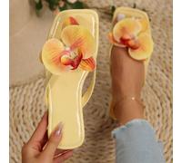 Taille UE 2025 Plus Taille Nouveau Design Décoration de Fleurs Artificielles Sandales Plates à Bout Carré Jaunes pour Femmes, Été, Tenues de Plage EUR36,EUR37,EUR38,EUR39,EUR40,EUR41,EUR42,EUR43
