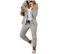 Tailleur 2 PièCes Femme Ensemble Blazer Et Pantalon OL Imprimé à Carreaux Slim Fit Formel Bureau Travail Office Costume Col Revers Veste Manteau Ensemble