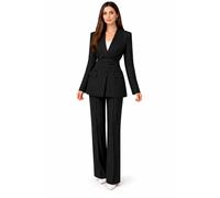 Tailleur Femme Élégant 2 Pièces Rayé - Blazer Ceinturé Structuré et Pantalon Large Fluide - Ensemble Chic