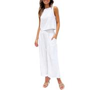 Tailleur Femme Ensemble Pantalon Cérémonie Et Haut Fluide Chic Printemps Décontracté Combinaison Vêtements Pantacourt pour Femmes en Coton Lin Gilet sans Manches Boutonné à Double Poches Jambe Large