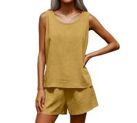 Tailleur Femme Ensemble Pantalon, Ensembles De Pyjama Femme Haut en Maille sans Manches à Col en V Et Short Classique Uni sans Poches pour Tous Les Jours