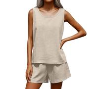Tailleur Femme Ensemble Pantalon, Ensembles De Pyjama Femme Haut en Maille sans Manches à Col en V Et Short Classique Uni sans Poches pour Tous Les Jours