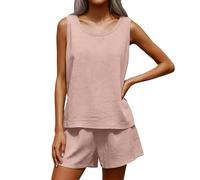 Tailleur Femme Ensemble Pantalon, Ensembles De Pyjama Femme Haut en Maille sans Manches à Col en V Et Short Classique Uni sans Poches pour Tous Les Jours