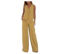 Tailleur Femme Ensemble Pantalon Lin Printemps Été À Col en V Gilet Pantalon Large en Couleur Unie Costume Décontracté Chic et Elegant Tops Leger et Respirant Ensembles Vêtements en Lin Tenue Plage