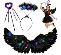 TaimeiMao Ailes d'Ange,60 cm Ailes d'Ange Illuminées et Auréole,avec lumières LED,Baguette Magique,Light up Angel Wings,pour Fête d'Halloween,Carnaval Cosplay Déguisement (Noir)